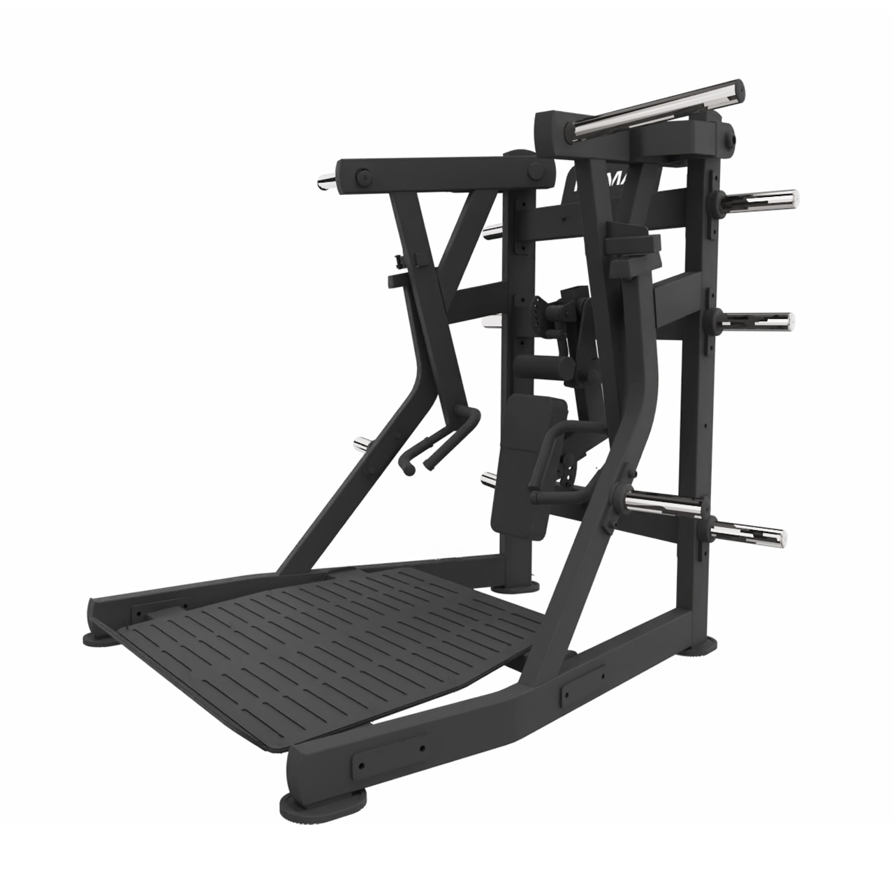 A black plate loaded low row machine with steel footplate.