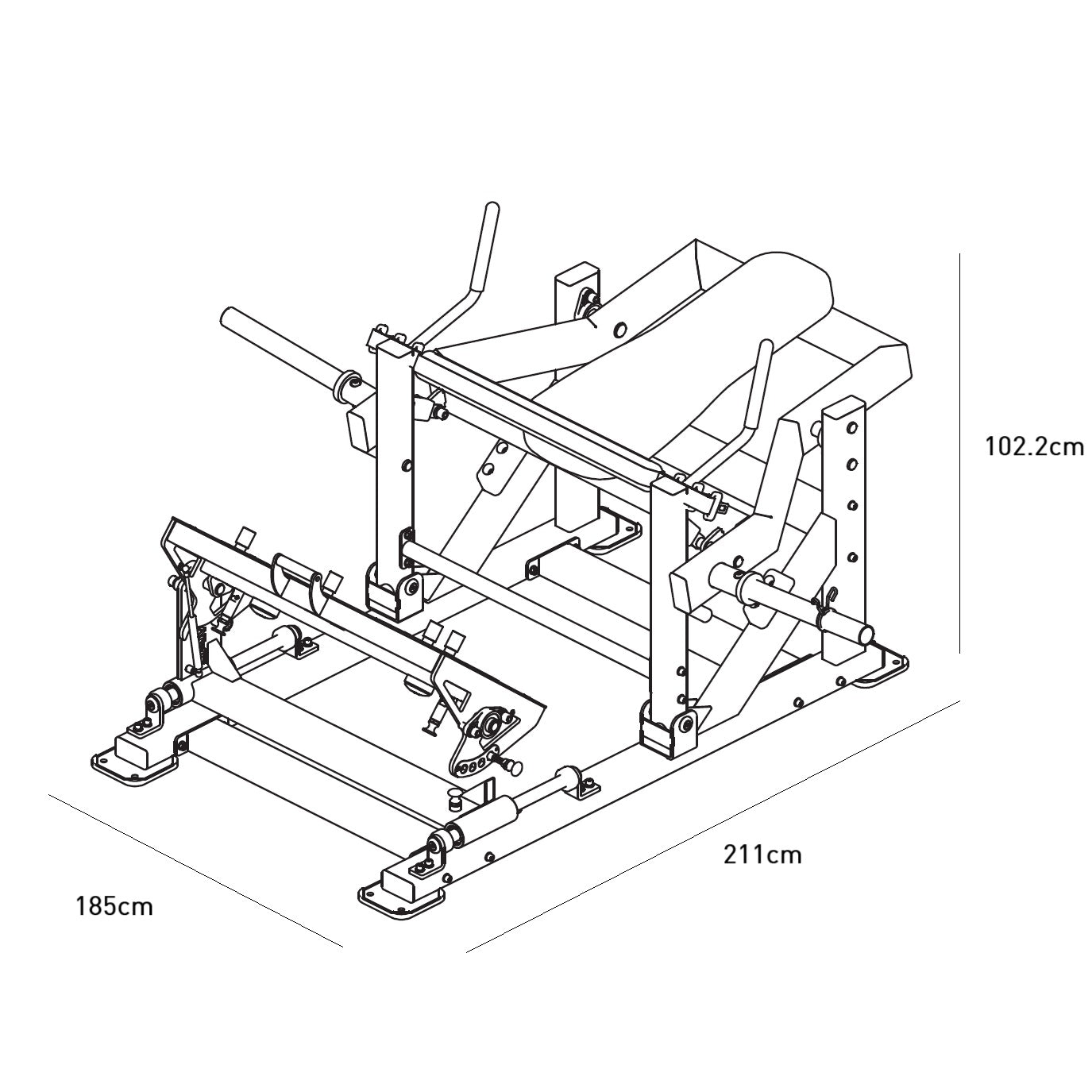 Spec Drawing of PRIMAL Performance Series Plate Loaded Swivel Footplate Glute Drive