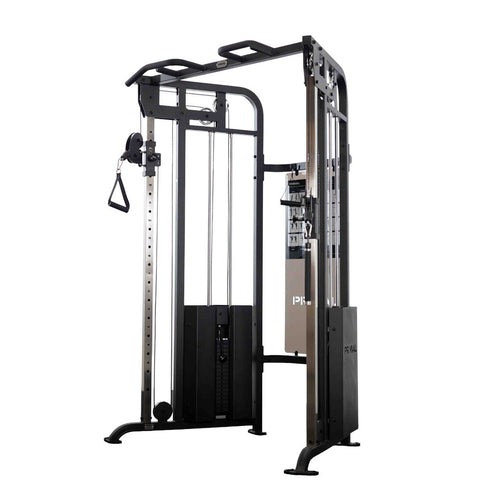 A dual cable machine on a white background in a gym. 