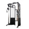 A dual cable machine on a white background in a gym. 