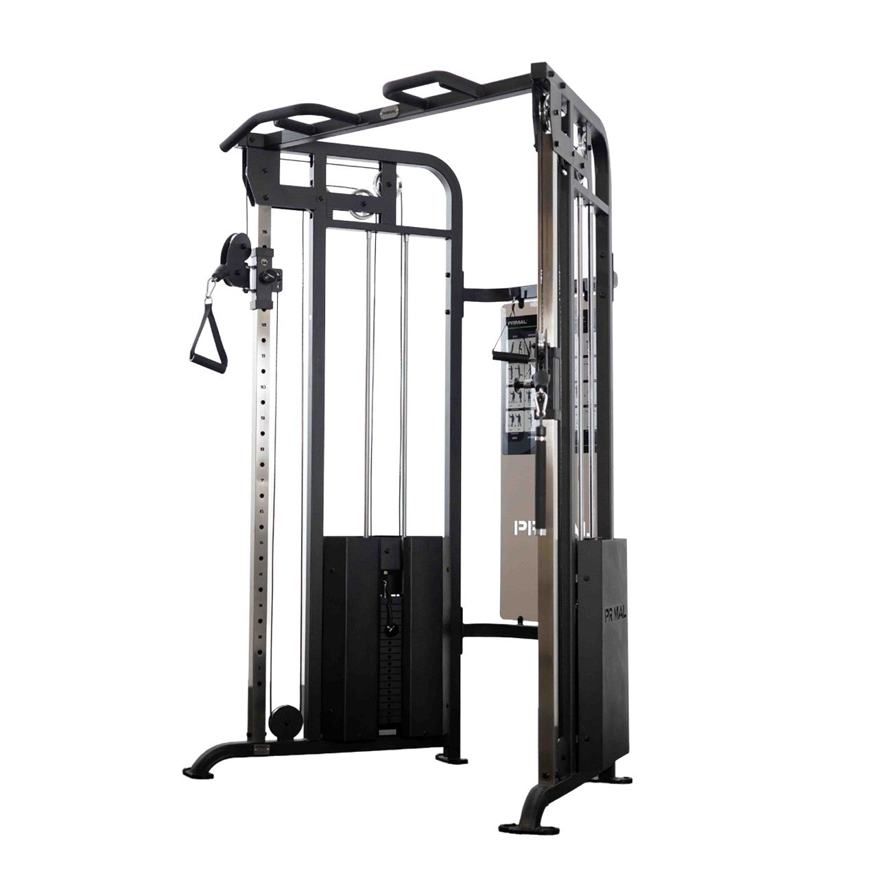 A dual cable machine on a white background in a gym. 