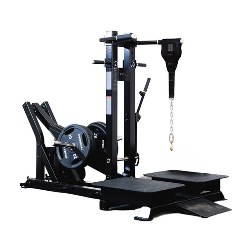 A plate loaded belt squat machine on a white background.