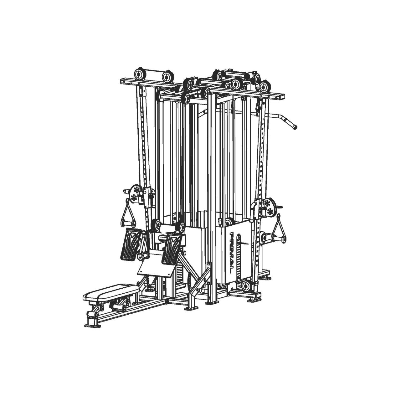A technical drawing of a 4 station multi gym machine.