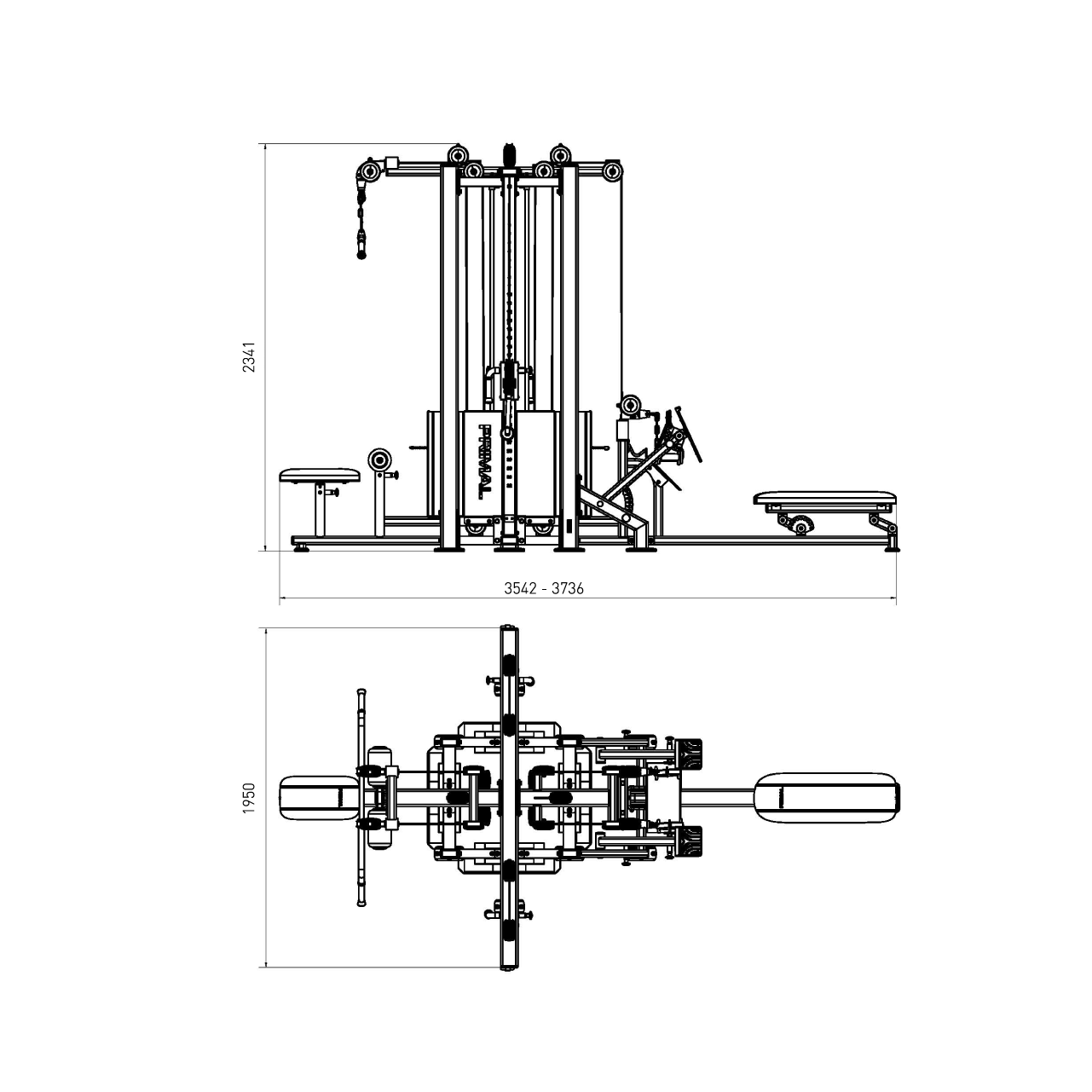 A technical drawing from the side & above of a 4 station multi gym machine.