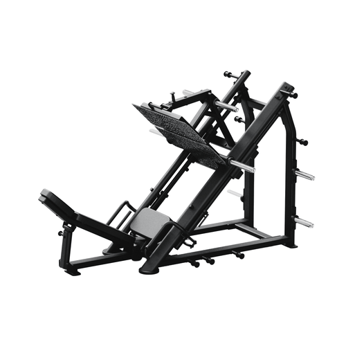A black leg press gym machine with silver metal guide rods and a textured black foot platform, isolated on a white background.