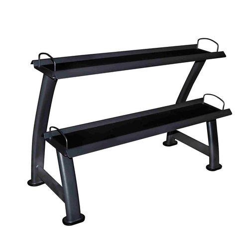 A two-tiered kettlebell storage rack.