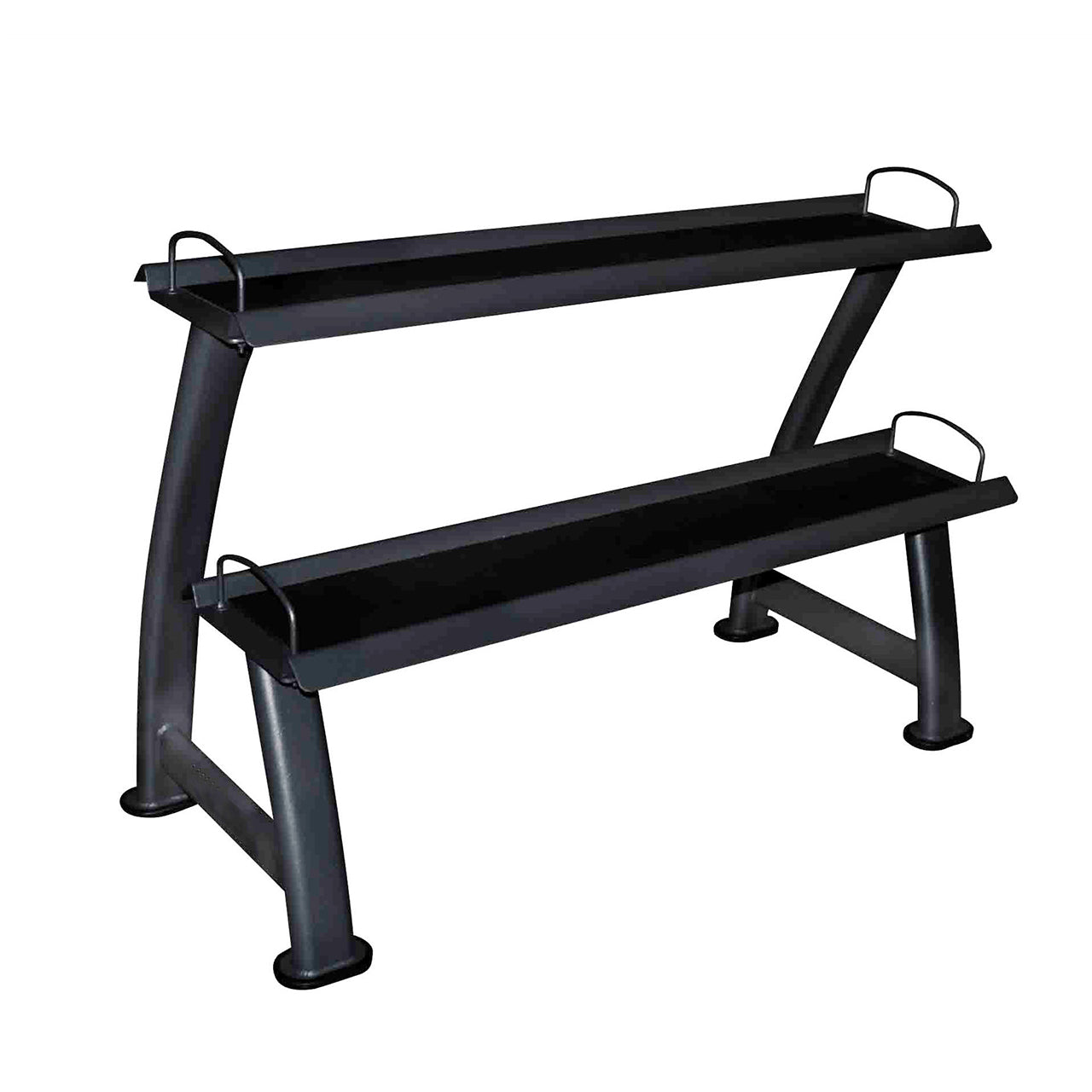 A two-tiered kettlebell storage rack.