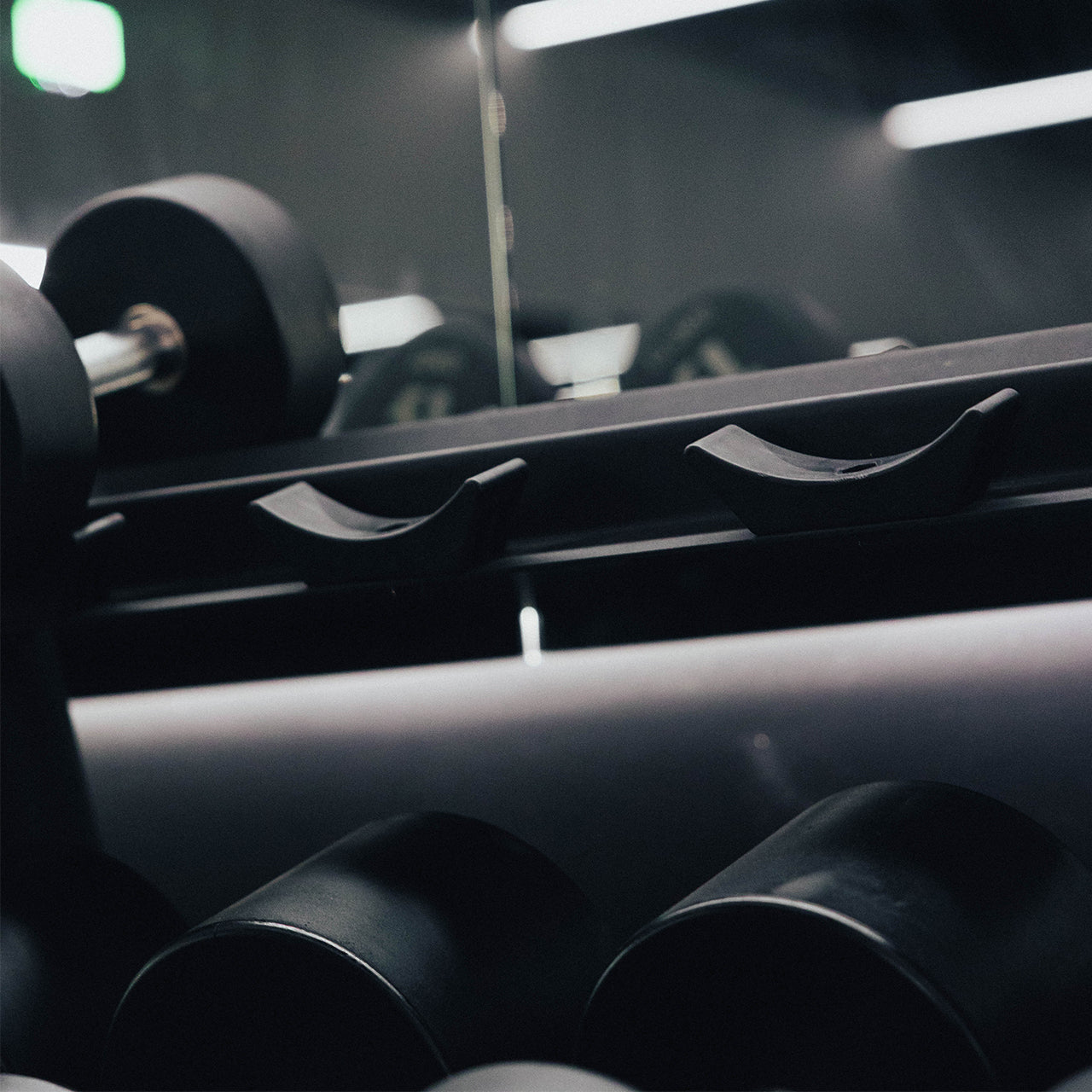 Saddles on a horizontal dumbbell storage rack.