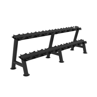 An angled view of a two-tiered horizontal dumbbell storage rack.