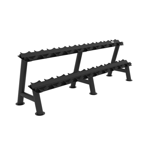 An angled view of a two-tiered horizontal dumbbell storage rack.