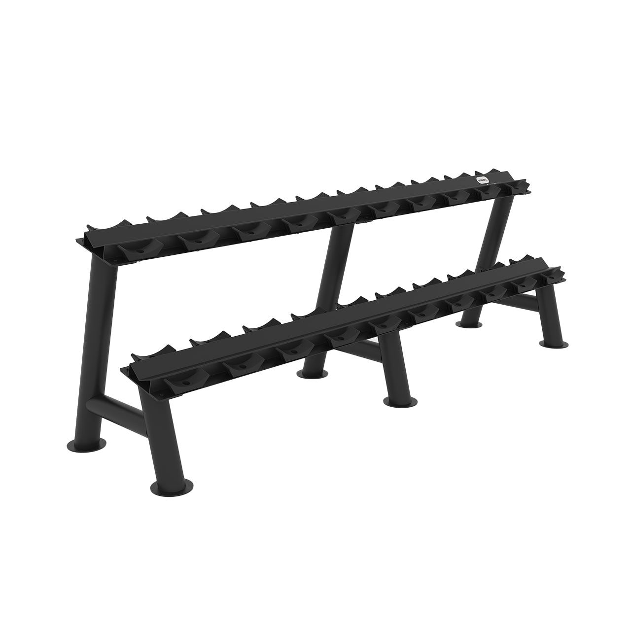 An angled view of a two-tiered horizontal dumbbell storage rack.