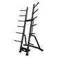 Upright storage rack for holding studio barbells, plates and collars.