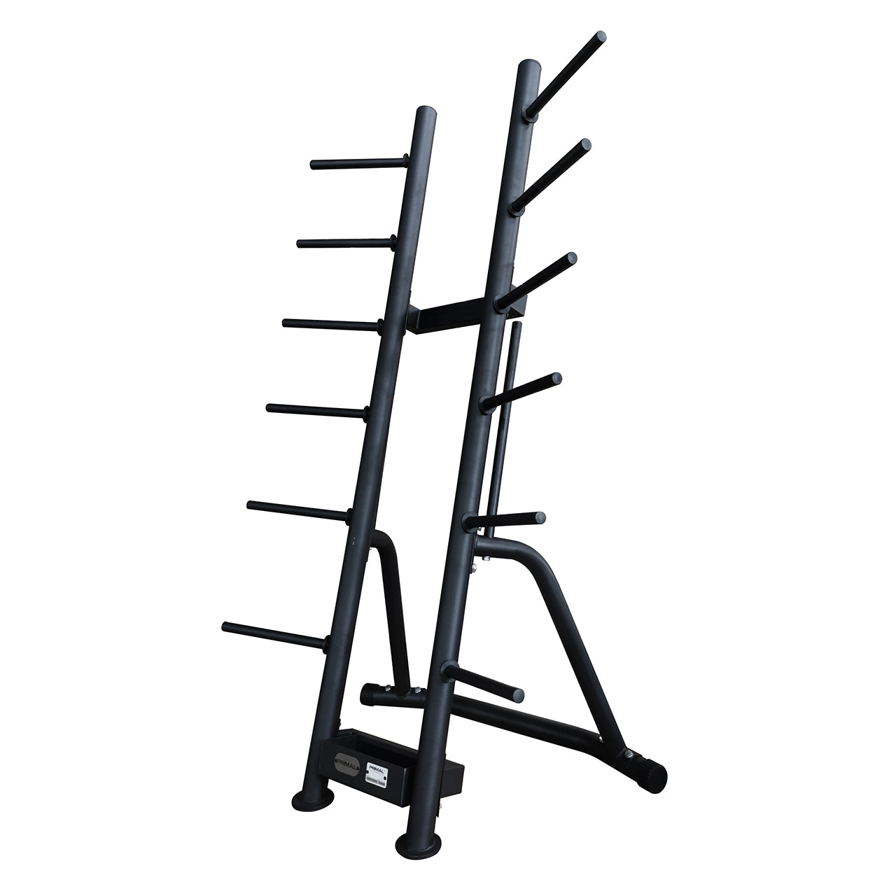 Upright storage rack for holding studio barbells, plates and collars.