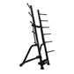 Upright storage rack for holding studio barbells, plates and collars.