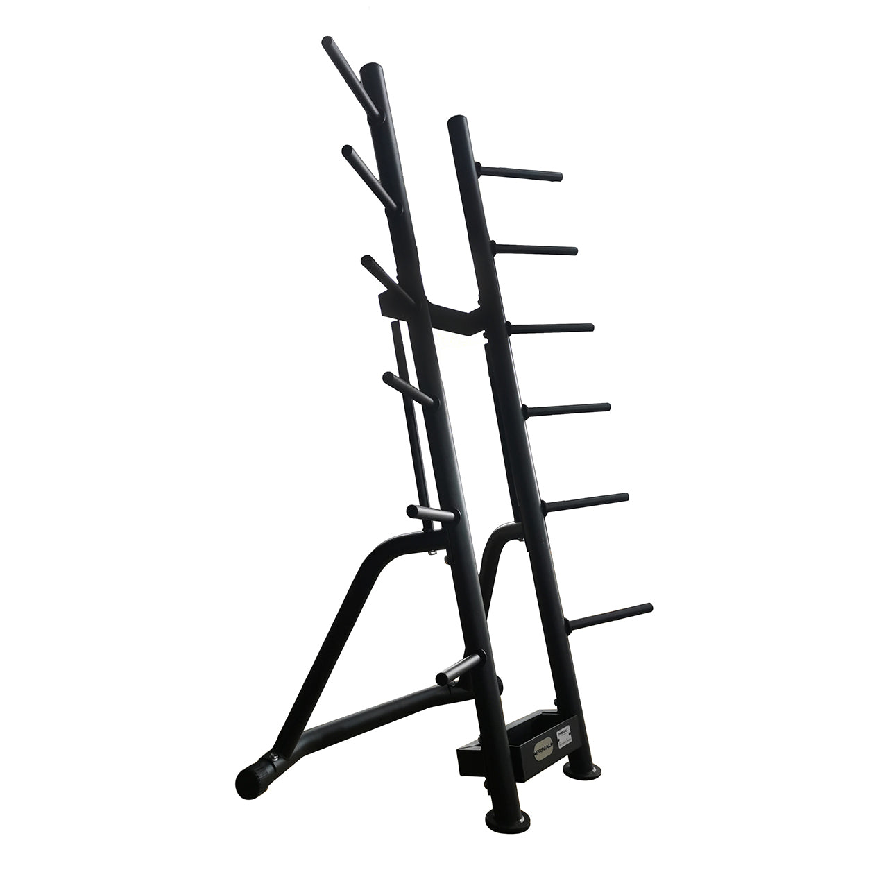 Upright storage rack for holding studio barbells, plates and collars.