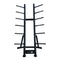Upright storage rack for holding studio barbells, plates and collars.