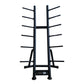 Upright storage rack for holding studio barbells, plates and collars.