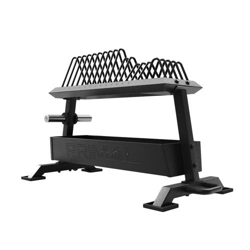 A steel toast plate rack used to store calibrated weight plates.