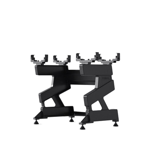 A storage stand for a pair of 40kg adjustable dumbbells.