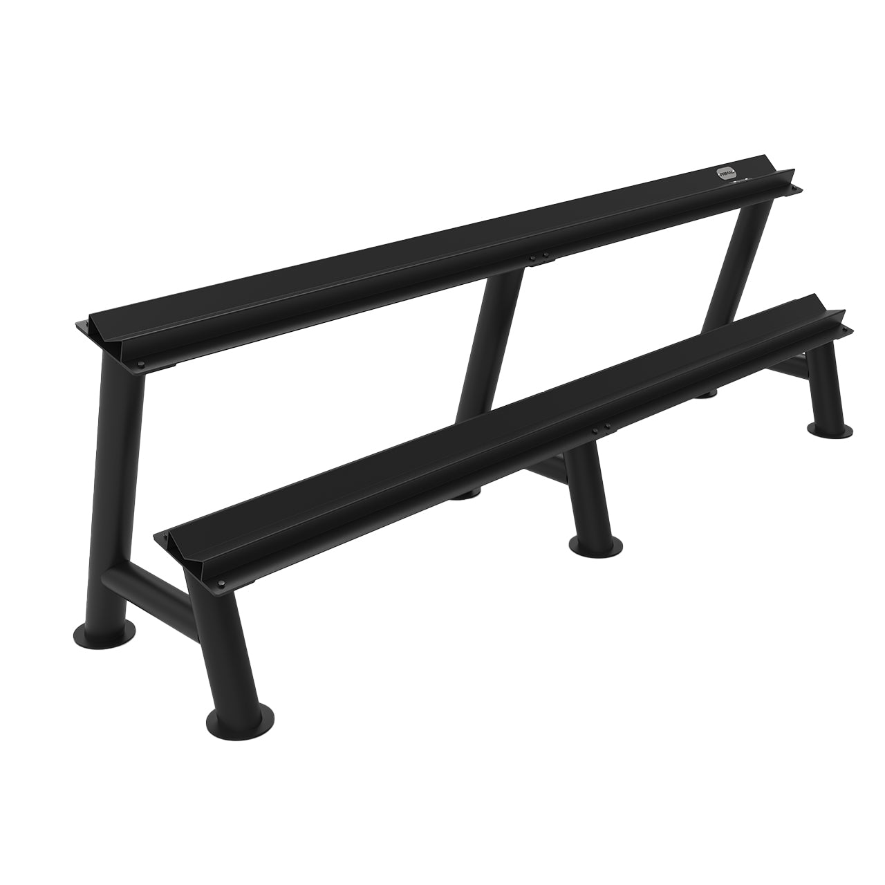 A horizontal dumbbell rack with two tiers which holds 10 pairs.