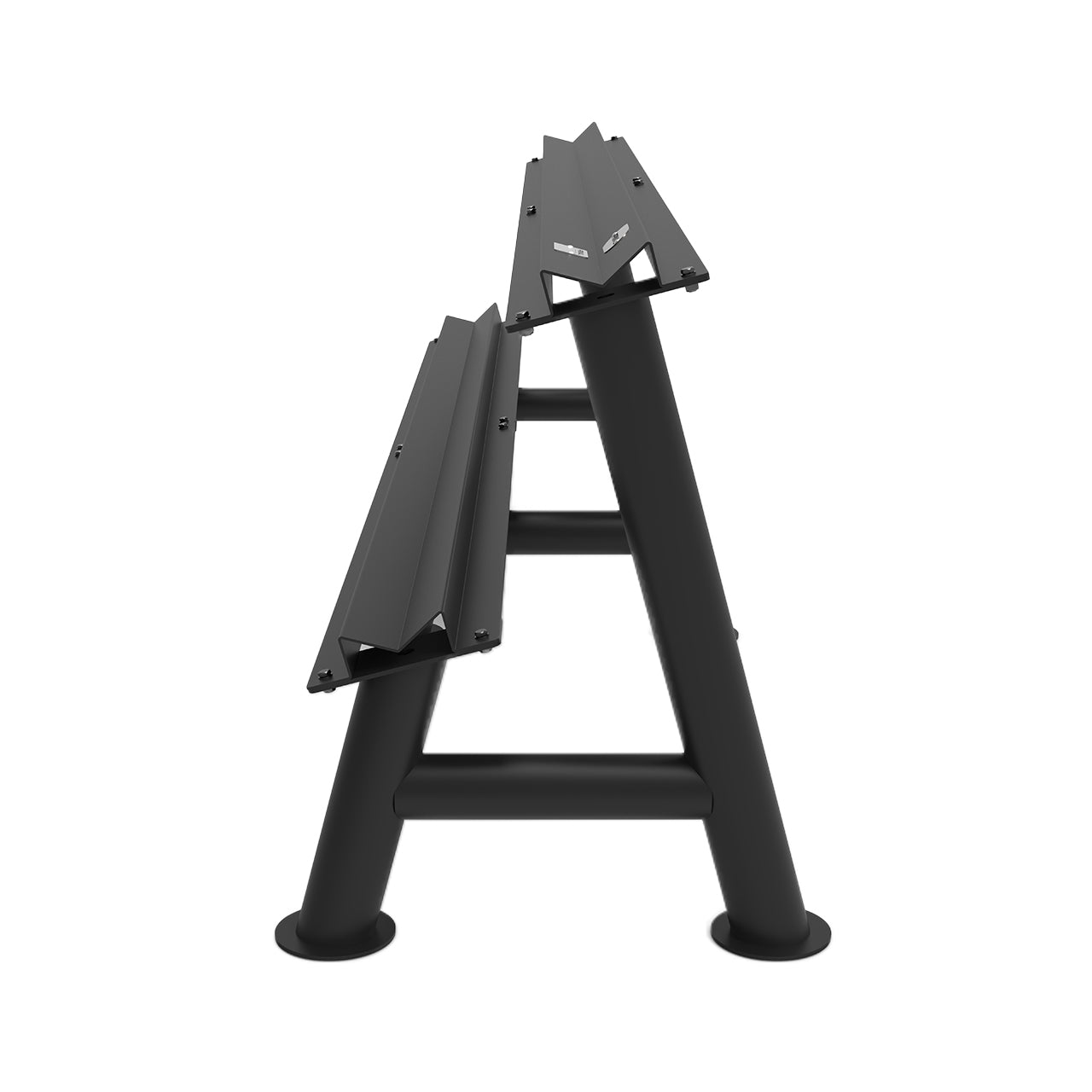 A horizontal dumbbell rack with two tiers which holds 10 pairs.