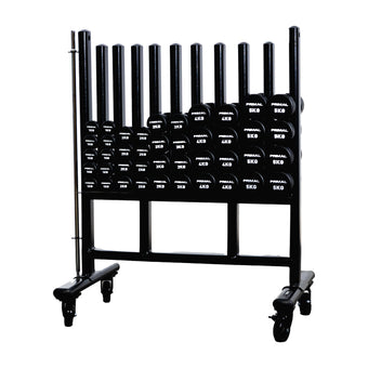 An upright dumbbell storage rack with wheels for urethane studio dumbbells.