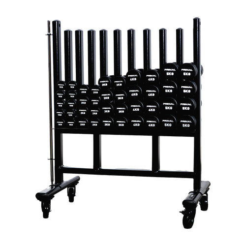 An upright dumbbell storage rack with wheels for urethane studio dumbbells.