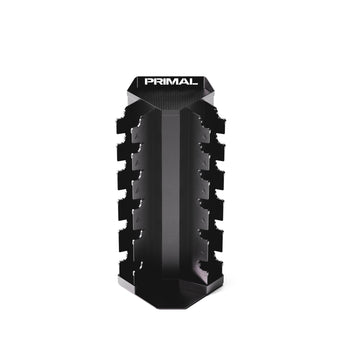 A 6 pair vertical dumbbell rack which stores hex and round dumbbells.