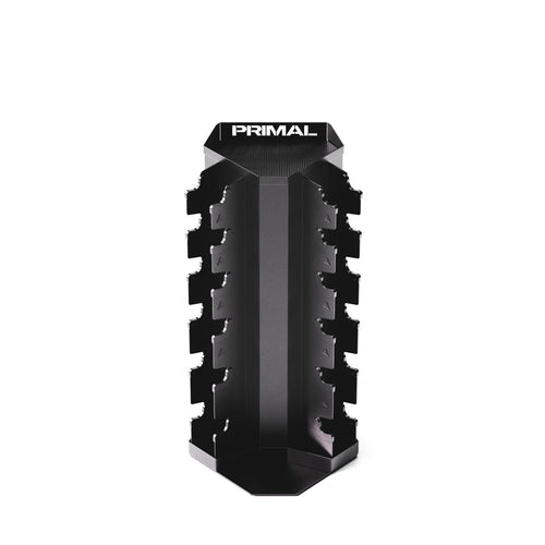 A 6 pair vertical dumbbell rack which stores hex and round dumbbells.
