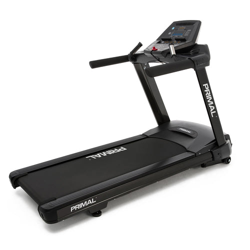 A treadmill cardio machine with console.