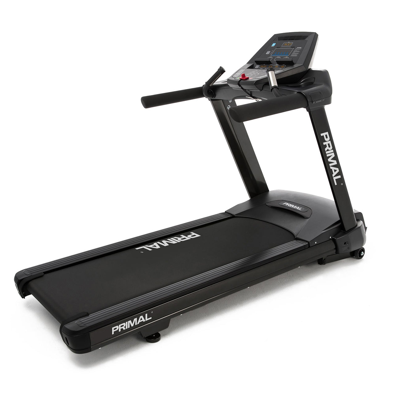 A treadmill cardio machine with console.