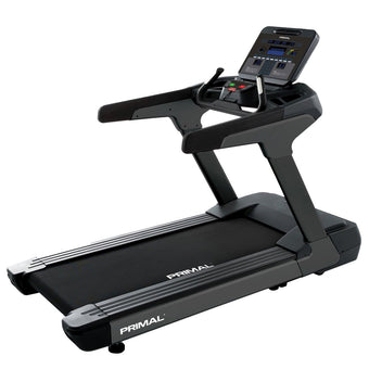 Black treadmill with digital console on a white background, branded 'Primal'.
