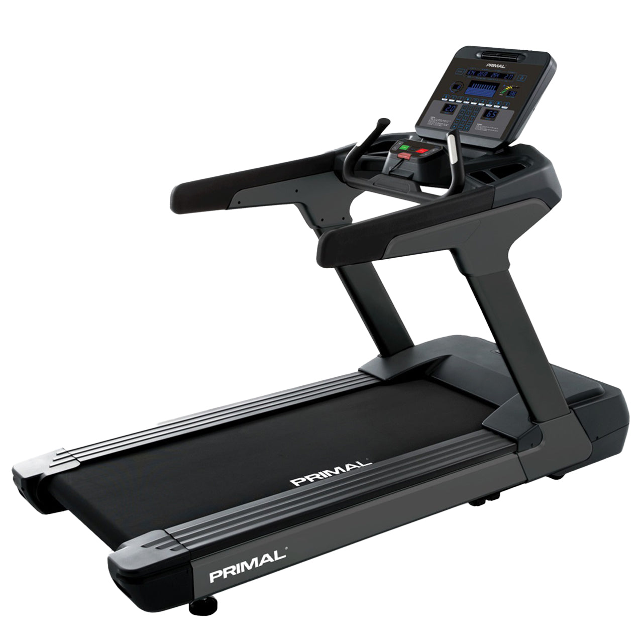Black treadmill with digital console on a white background, branded 'Primal'.