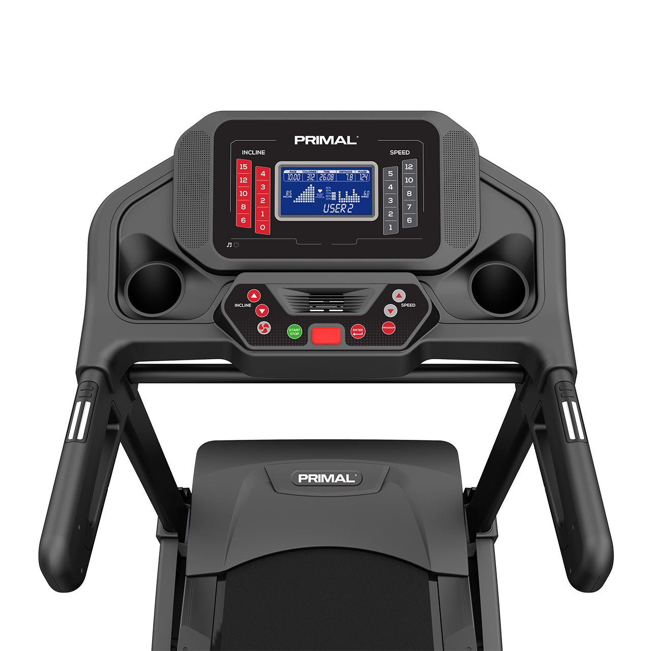 A LCD console for a folding treadmill designed for home gyms.