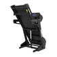 A home gym treadmill which is folded away for compact storage.