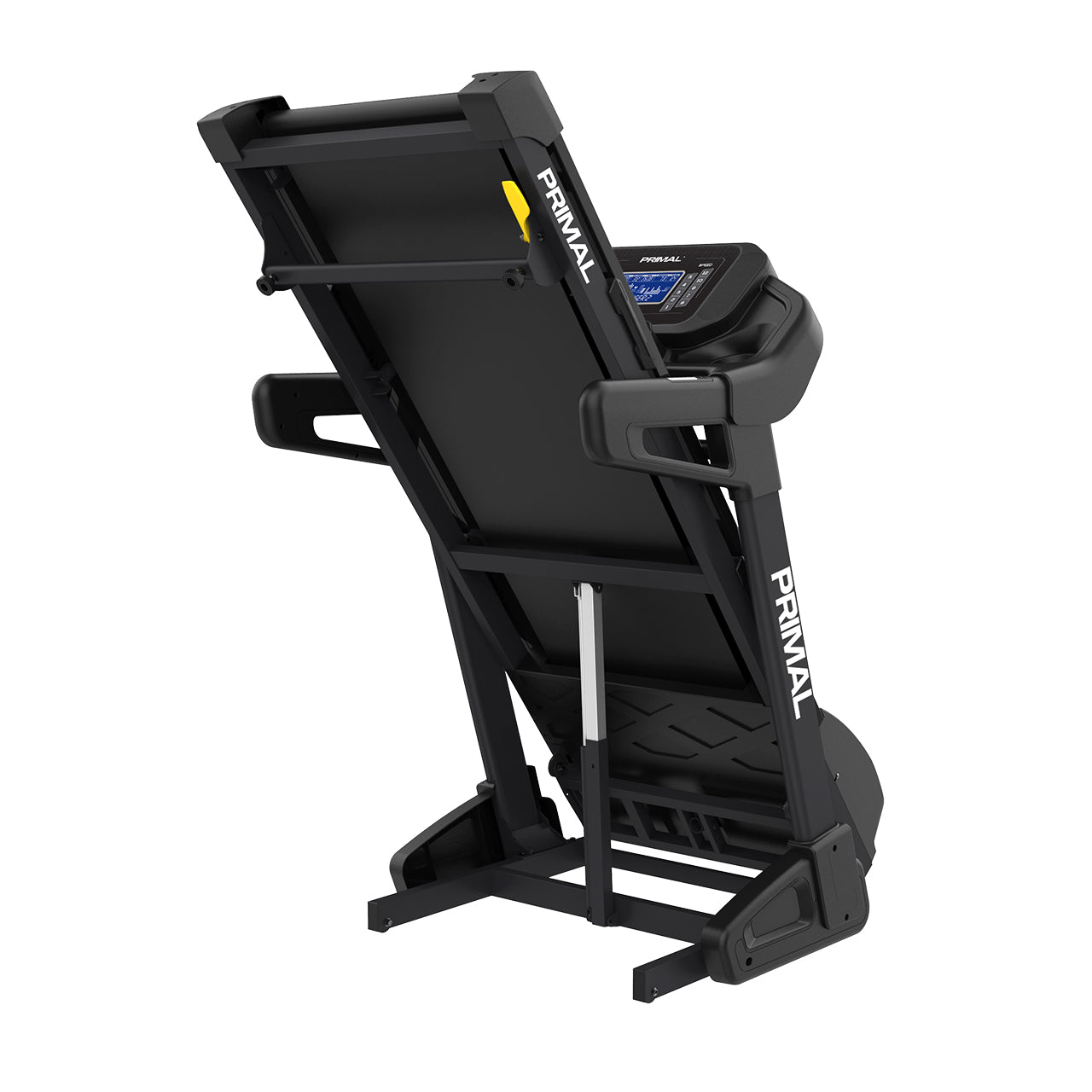 A home gym treadmill which is folded away for compact storage.