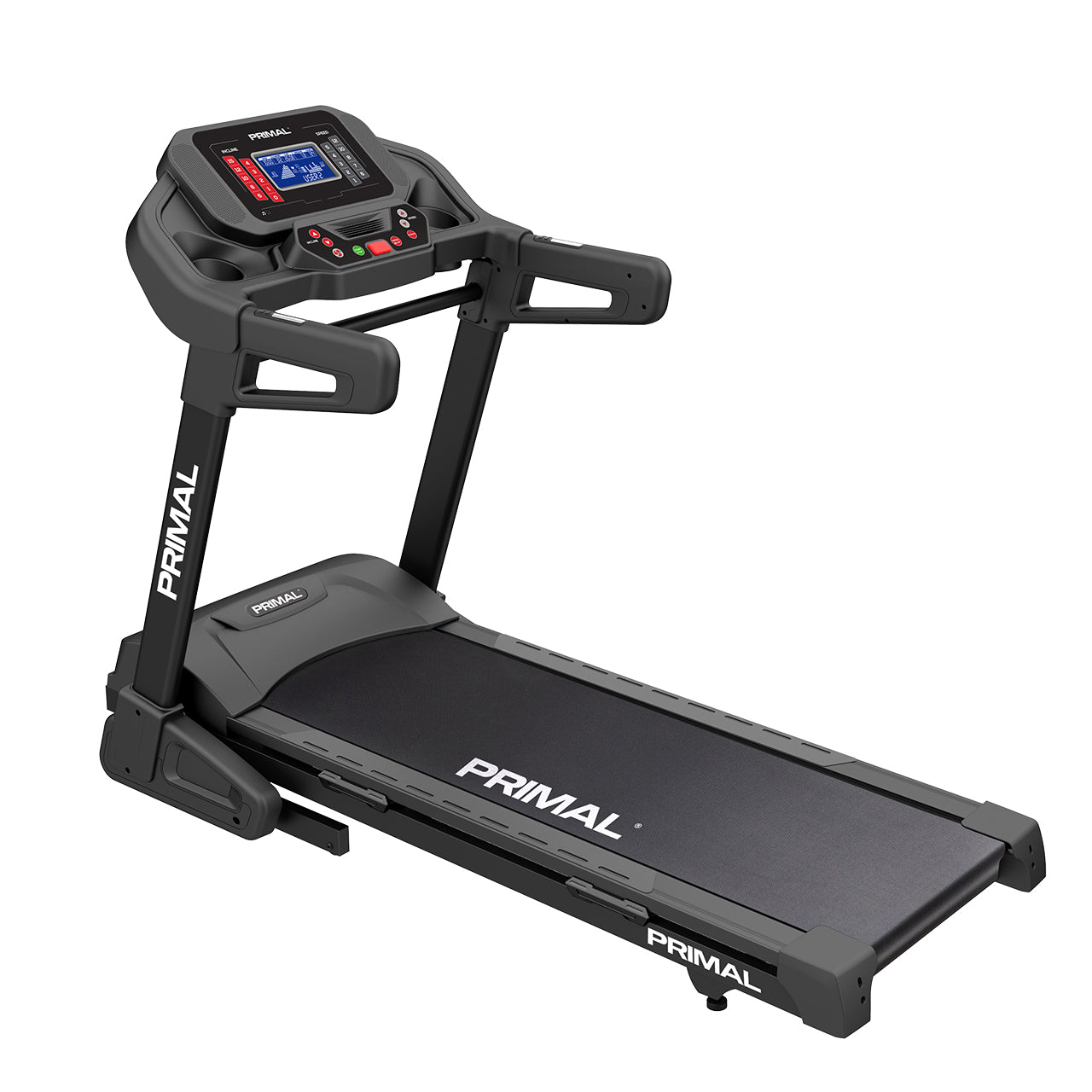A folding treadmill for home gyms on a white background.
