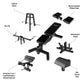 A weight bench with multiple attachments to offer different exercise movements.