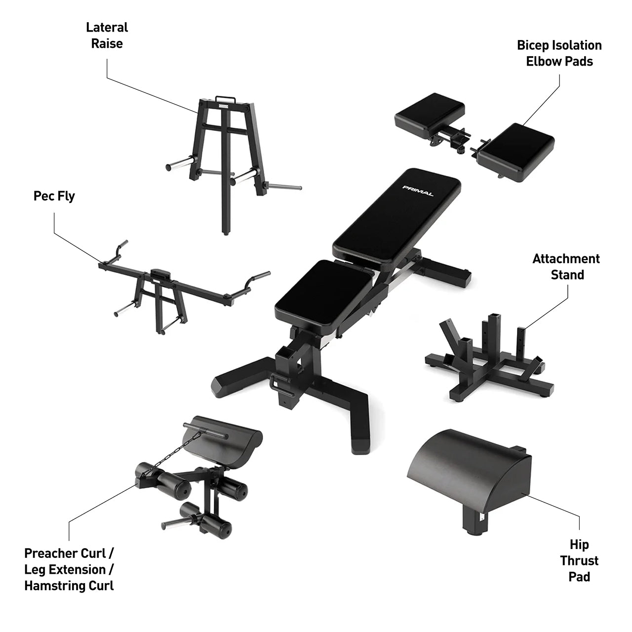 A weight bench with multiple attachments to offer different exercise movements.