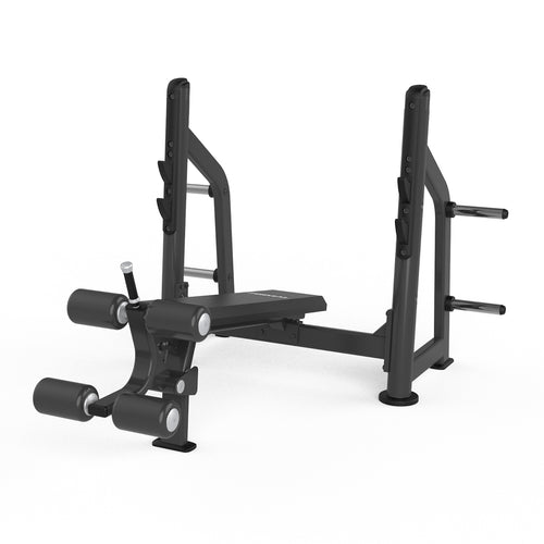 An angled view of a Olympic decline weight bench.