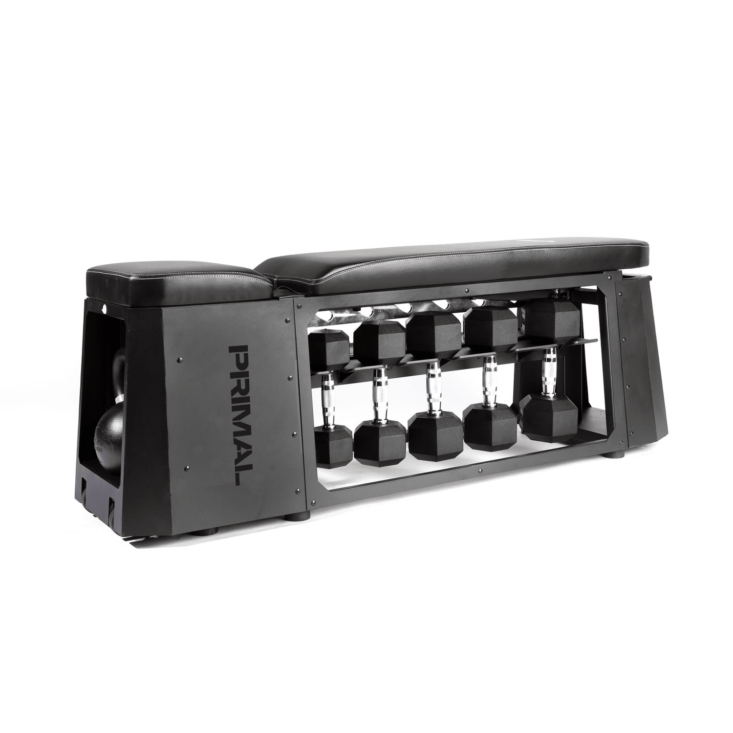 Black weight bench with dumbbells on a white background, featuring the brand 'Primal'.