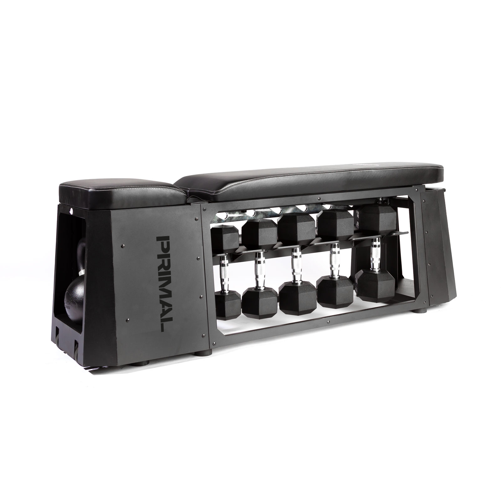 Black weight bench with dumbbells on a white background, featuring the brand 'Primal'.