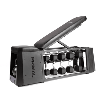 Black exercise bench with weight rack and dumbbells on a white background, featuring the brand 'Primal'.