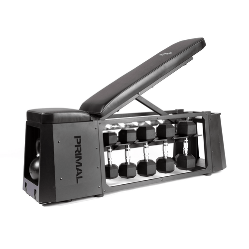 Black exercise bench with weight rack and dumbbells on a white background, featuring the brand 'Primal'.