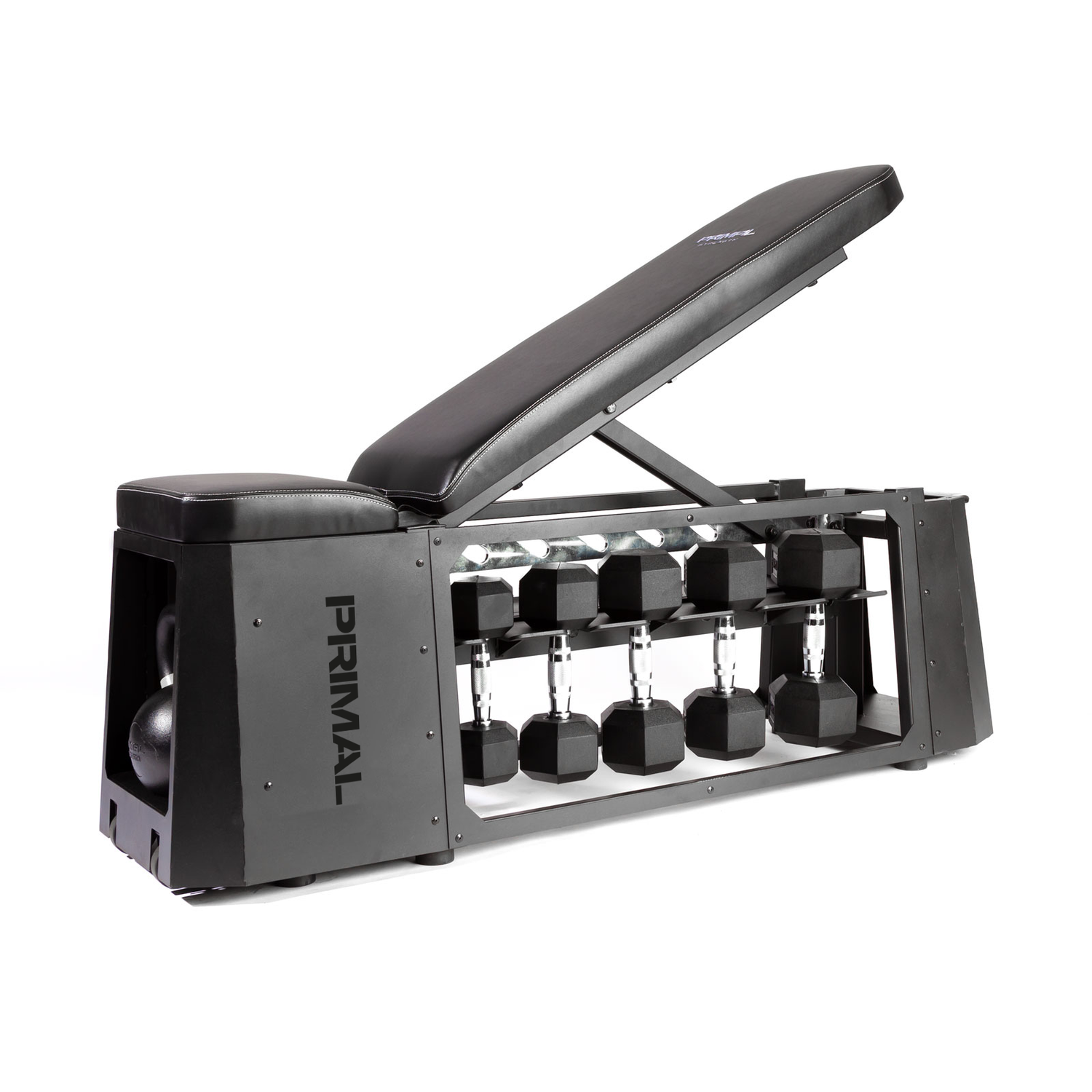 Black exercise bench with weight rack and dumbbells on a white background, featuring the brand 'Primal'.