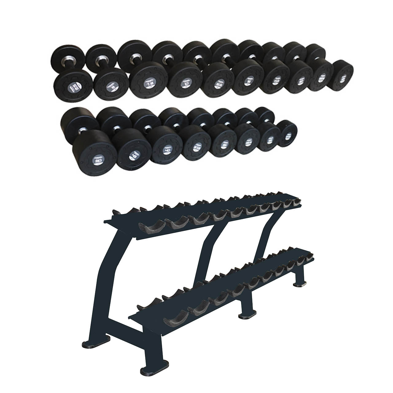 Primal Pro Series Rubber Nero Stainless Steel Handle Dumbbells 27.5kg-50kg Package (10 Pairs) with Dumbbell Rack