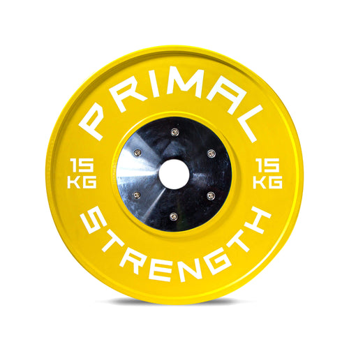 A yellow 15kg rubber calibrated bumper plate.