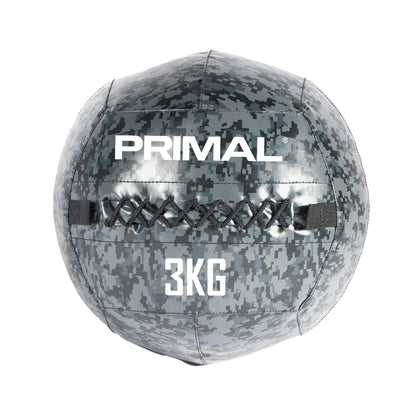 A 3kg camouflage wall ball designed for Hyrox training.