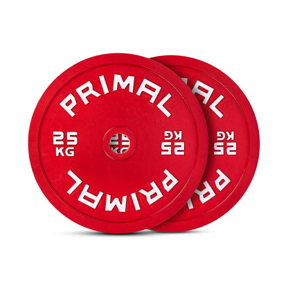 Close up view of a 25kg pair of calibrated weight plates.