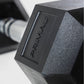 A close up of the branding on a hex dumbbell.